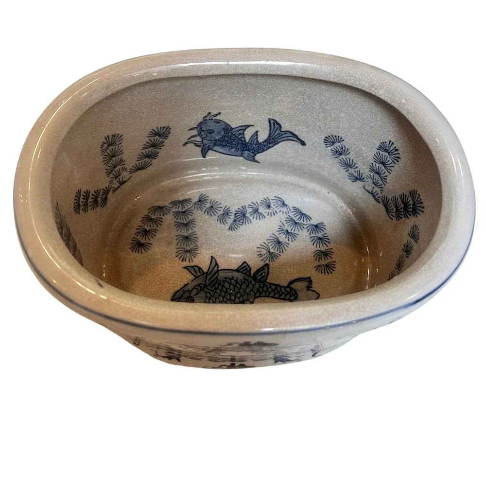 Vintage Blue and White Porcelain Oval Planter Cherub Fish Motif Crackle Glaze